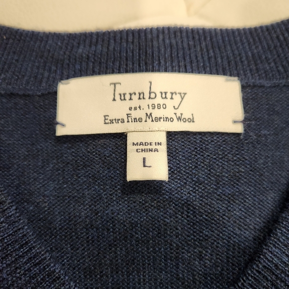 Turnbury Mens Large M 100% Extra Fine Merino Wool V Neck Sweater Blue - Picture 6 of 8